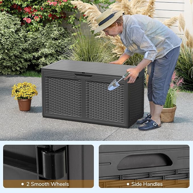 TANGZON 380L Outdoor Deck Box, Waterproof Patio Storage Container with Wheels, Lockable Lid & Side Handles, Large Resin Storage Box For Pillows Cushions Tools (Grey)