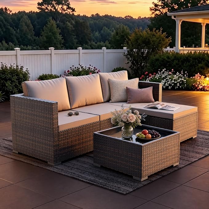WWR Patio Furniture Set 5 Piece - Wide Armrests - All-Weather Wicker Rattan Outdoor Conversation Couch Sets, Modular Sectional Sofa for Garden, Patio, Poolside, Backyard, Balcony, Porch