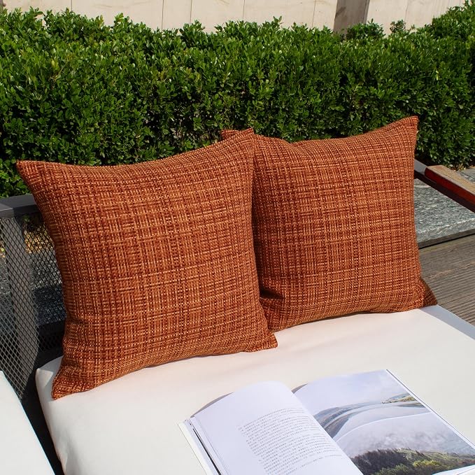 Kevin Textile Outdoor Waterproof 24"x24" Pillow Covers 2 Pack, Burnt Orange | Fall Water Resistant, Faux Linen Yarn-dyed, Woven Texture Euro Throw Pillow Covers for Tent Patio Garden Couch Sofa