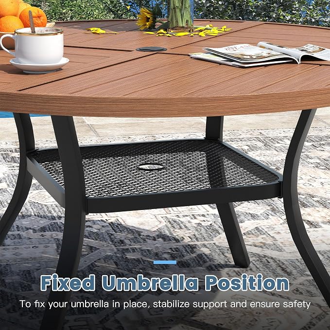DIFY 5 Pieces Outdoor Dining Set, Metal Patio Table and Chairs Set for 4 with Umbrella Hole, 40.6" Walnut Round Table and Brown Textilene Swivel Patio Chairs for Garden, Backyard, Poolside