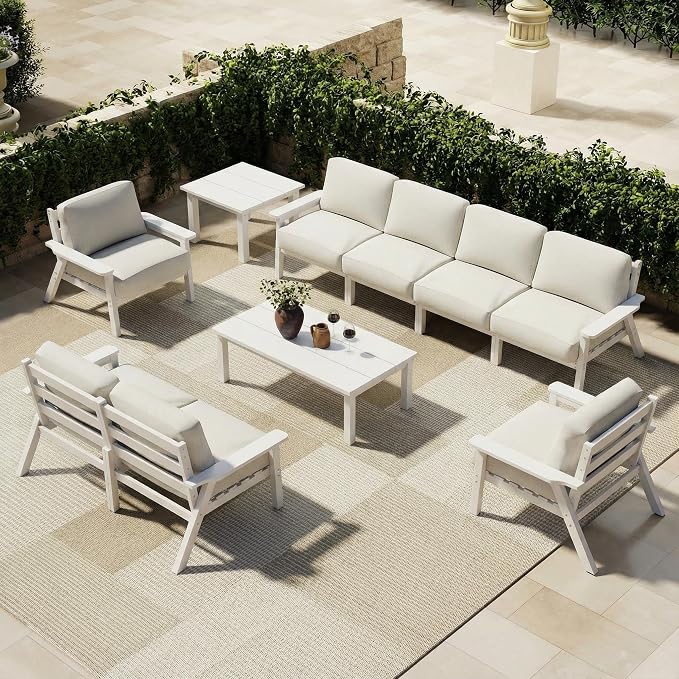 Patio Furniture Set 8 Seats, 4-Seater and 2-Seater Outdoor Sofas with Beige Washable Thick Cushions, Patio Conversation Sets for Lawn, Garden, Porch, Balcony, Deck (White Frame)