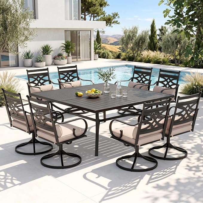 PHI VILLA 9 Piece, Outdoor Dining Set, 57.5" Square Table, Black | Wrought Iron, Swivel Chairs, Cushions, Weather-Resistant