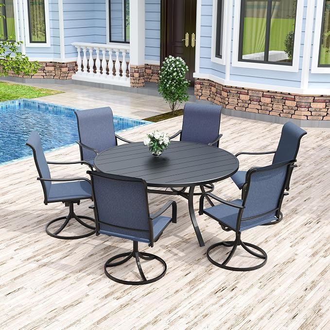 Anmutig 7-Piece Outdoor Dining Set, 54" Round Table with 6 Swivel Chairs All Weather Furniture Set for Lawn Garden, Blue