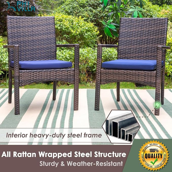 PHI VILLA 9 Pieces Outdoor Dining Set for 8, 57” Wood-Like Large Square Metal Steel Dining Table & Rattan Wicker Chairs with Cushions, Dining Furniture Set for Patio, Deck, Yard, Porch