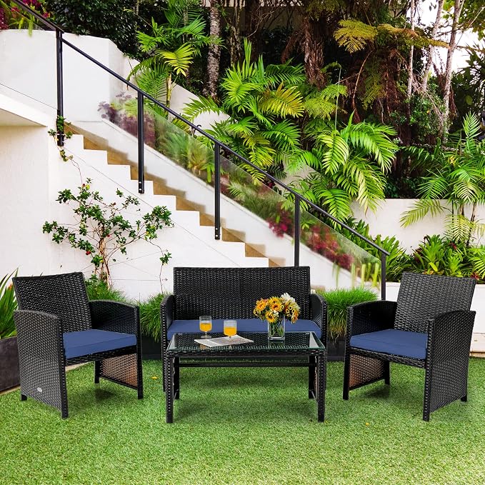 Tangkula 8 Pieces Rattan Furniture Set, Outdoor Conversation Set w/Chair & Loveseat & Tempered Glass Coffee Table, Suitable for Garden, Backyard, Poolside, Patio Furniture Set for 8 (2, Blue)