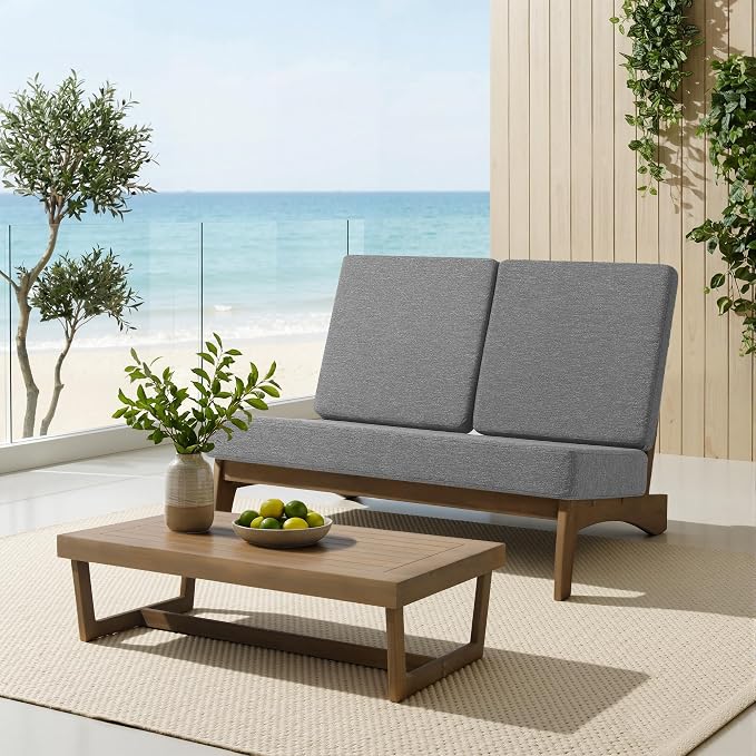 All Weather Wood Patio Furniture Sets, 3 Pieces Patio Loveseat Sofa Outdoor Sectional Futniture Backyard Conversation Set with Solid Wooden Coffee Table - Grey