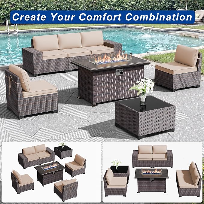 Outdoor Patio Furniture Set with Gas Fire Pit Table, 7 Pieces Patio Furniture Set Outdoor Sectional Sofa w/43in Propane Fire Pit, PE Wicker Rattan Patio Conversation Sets - Sand.