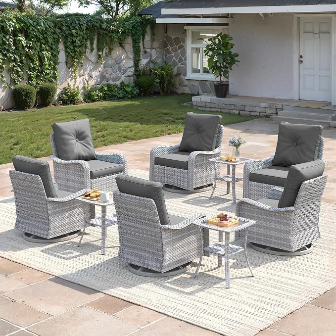 9-Piece Patio Furniture Set, Outdoor Swivel Rocking Chairs with 4" Thick Cushions & Side Table, All-Weather PE Rattan & Rust-Resistant Steel Frame Conversation Set for Porch, Garden, Charcoal Gray