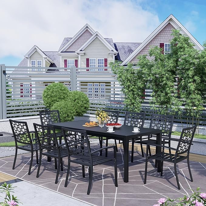 MEOOEM Outdoor Patio Dining Sets for 8, Outdoor Expandable Long Tables and Stackable Chairs Set of 8, All Weather Heavy Duty Black 9-Piece Outdoor Patio Table and Chairs for Garden, Backyard