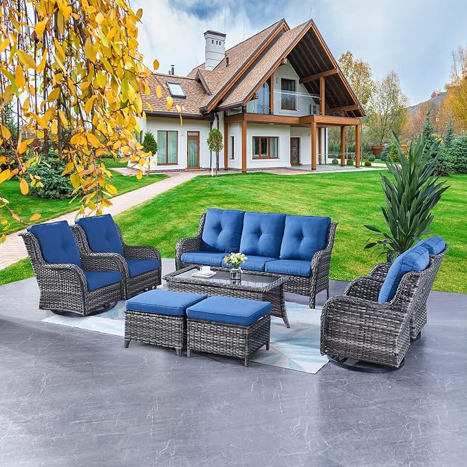 Rilyson Wicker Patio Furniture Set - 8 Piece Rattan Outdoor Sectional Conversation Sets with 4 Swivel Rocking Chairs,2 Ottomans,1 Sofa and 1 Coffee Table for Porch Deck Garden(Mixed Grey/Blue)
