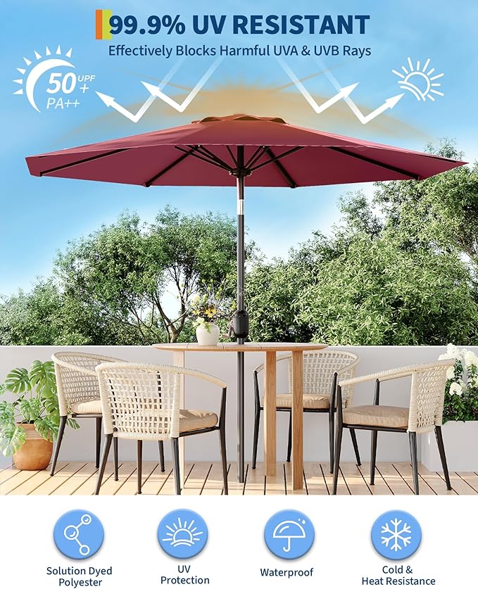 GarveeLife 9 ft Patio Umbrella, Outdoor Table Market Umbrella with Push Button Tilt and Crank, 8 Sturdy Ribs UV Protection Waterproof for Garden, Deck, Backyard, Pool (Dark Red)