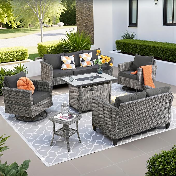 ovios 6 Pieces Patio Furniture Set with Rectangular Fire Pit Table, Swivel Rocking Chairs, Loveseat, Outdoor High Back Wicker Rattan Conversation Set for Deck Porch, Black