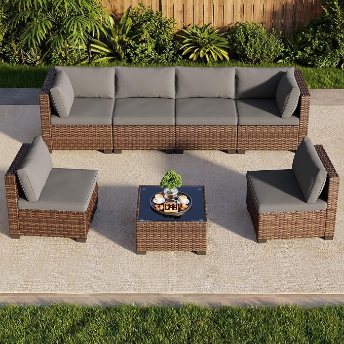 Qsun 7 Pieces Patio Furniture Set, Outdoor Sectional Rattan Sofa Set, Wicker Patio Conversation Set with Cushions and Glass Coffee Table, for Balcony, Porch, Garden, Grey