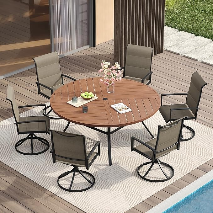 VICLLAX Patio Dining Set for 6, 6 Seats Outdoor Furniture Includes 53.1" Round Patio Table and Swivel Padded Chairs, Walnut Tabletop and Mixed Brown Fabric