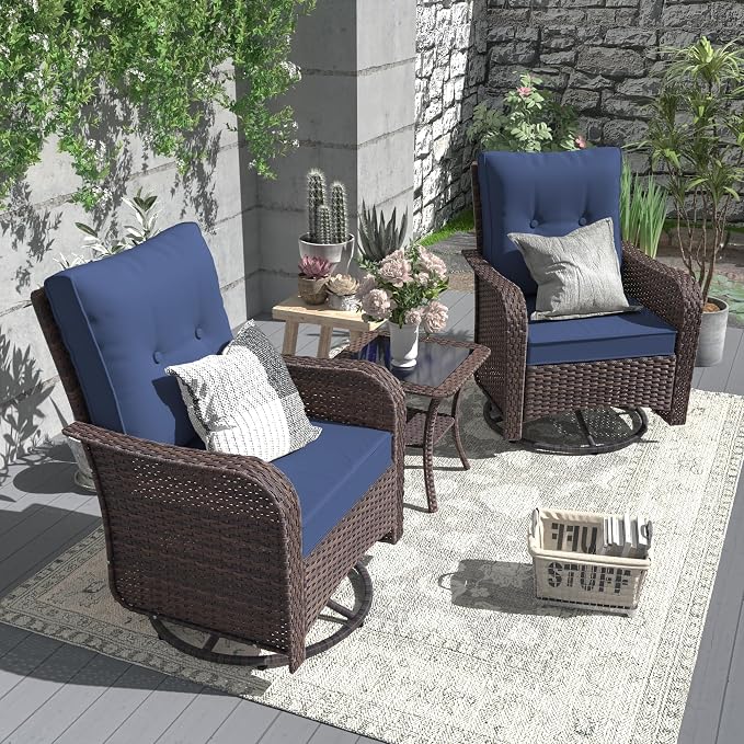 ALAULM 10 Pieces Patio Furniture Set with 2 Swivel Chairs Wicker Patio Conversation Set, Outdoor Sectional Furniture w/Coffee Table & Washable Seat Cushions-Dark Blue