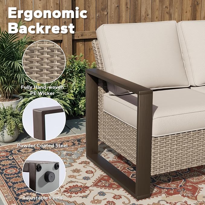 Joyside Outdoor Patio Chairs, 5 Pieces Wicker Rattan Furniture Set, 2 Patio Chairs, 2 Sofa and 2 Ottoman, Metal Wide Armrest, Thick Cushions and Deep Seating for Garden, Backyard, Porch, Deck