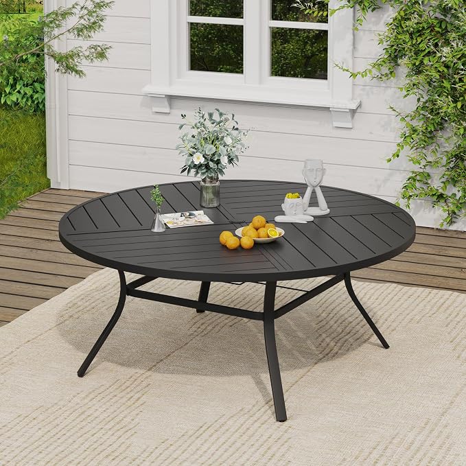 VICLLAX Patio Dining Set, 63.1" Black Table & 6 Chairs with Wheat Cushion | Outdoor Table and Chairs Set of Round Metal Patio Table, Outdoor Dining Chairs with Metal Frame, Garden Deck Porch
