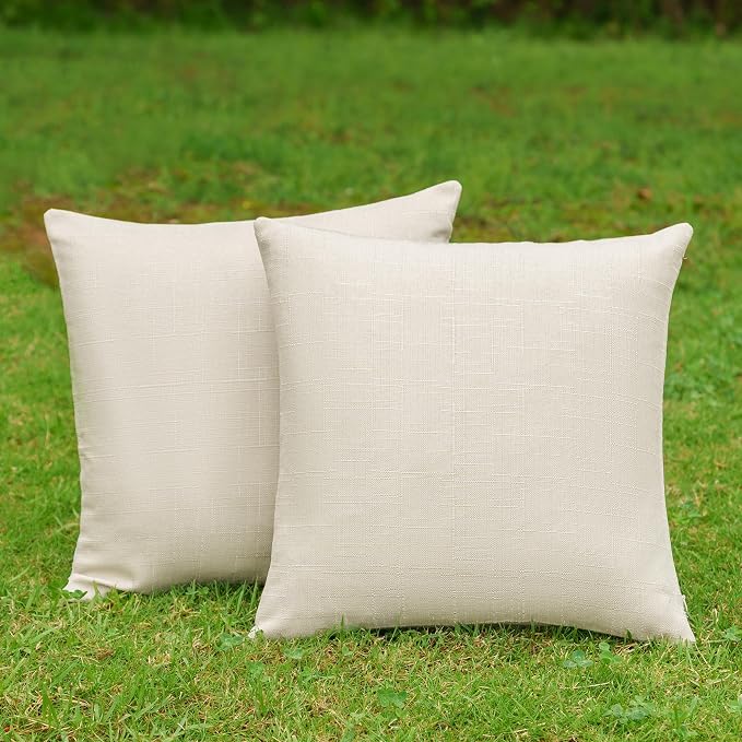 NiNi ALL Waterproof Outdoor Pillow Covers 18x18 Set of 2 Patio Beige | Faux Linen Textured Decorative Solid Throw Pillow Covers Farmhouse for Garden Furniture Tent Balcony Couch Sofa Cushion