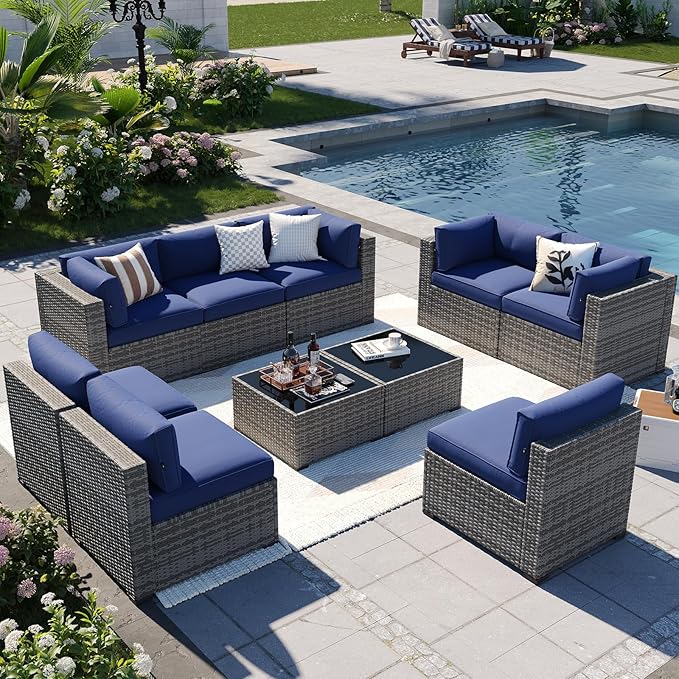 Aoxun Patio Furniture Sets, 10-Piece Outdoor Patio Furniture with Thick Cushions, Wicker Outdoor Conversation Set Sectional Sofa for Backyard, Poolside, Garden