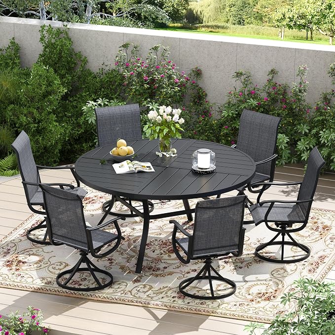 7 Pieces Patio Furniture Dining Set, 6 Textilene Swivel Dining Chairs, 53" Outdoor Round Metal Table with 1.57" Umbrella Hole, Outdoor Dining Set for Porch, Lawn, Garden, Black/Black