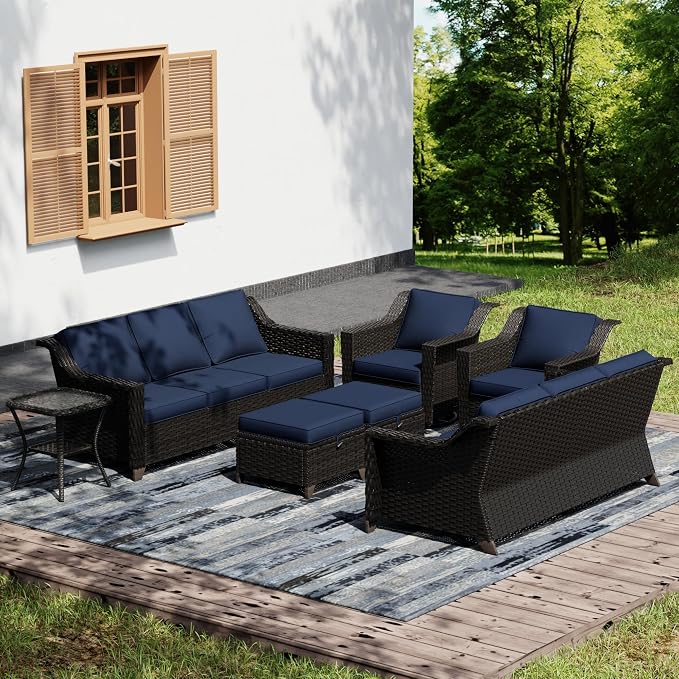 Joyside Wicker Patio Furniture Sets, 7 Pieces Upgraded Large Size Outdoor Furniture with Swivel Rocking Patio Chairs, Two 3-Seat Sofa, Outdoor Ottoman, Thick Cushions, Wide Armrest, Blue