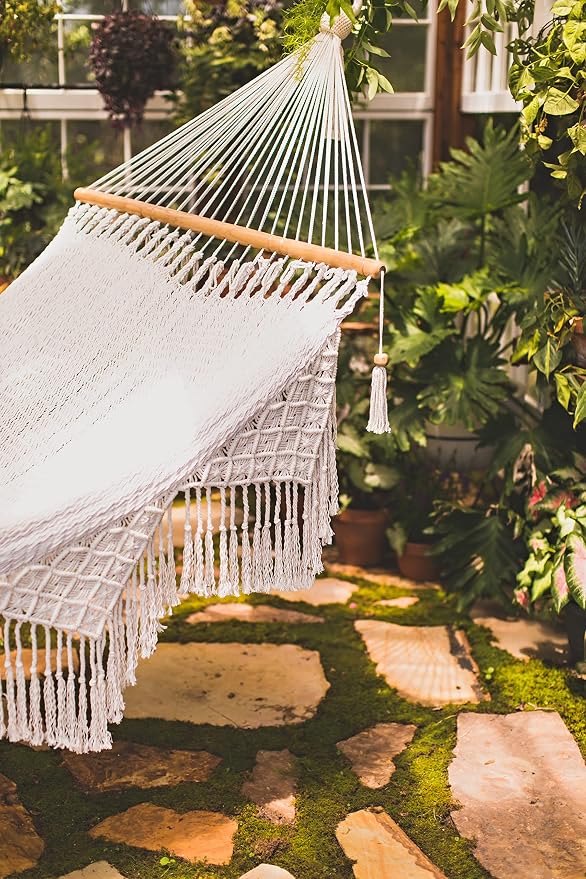 Handwoven Nicaraguan Cotton Rope Hammock with Wooden Spreader Bars with Tropical Decorative Trim