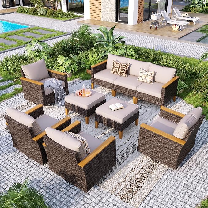 GREEN PARTY 9 Pieces Wicker Patio Furniture Set, All-Weather Outdoor Rattan Patio Sectional Sofa Conversation Set 9 Seats with 4" Thick Cushions for Garden, Backyard, 4 x Swivel Chairs