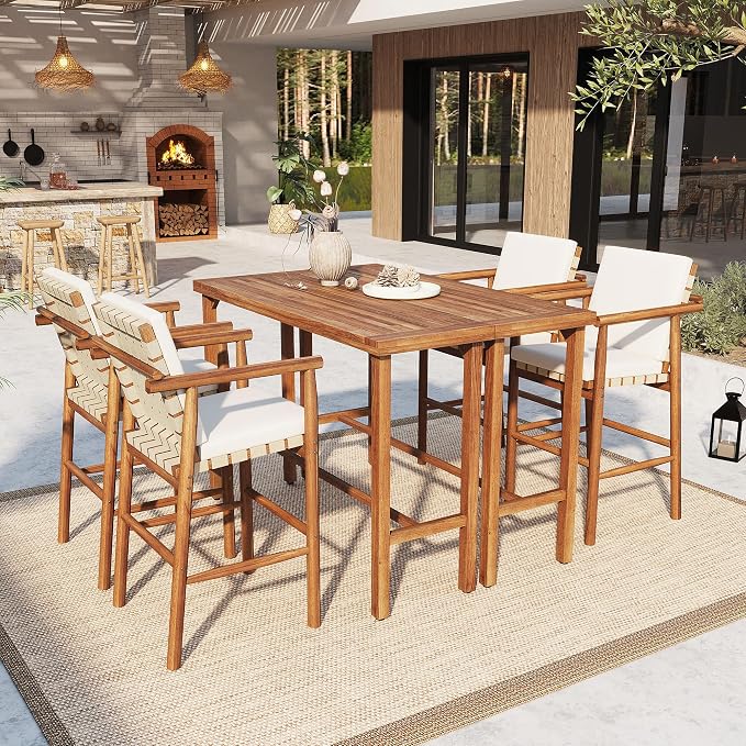 6 Piece Outdoor Bar Set for 4, 2 Patio Acacia Wood Bar Height Table & 4 Stools with Removable Cushions, Wood Dining Bar Set with Adjustable Feet for Patio, Balcony, Poolside, Beige+Natural