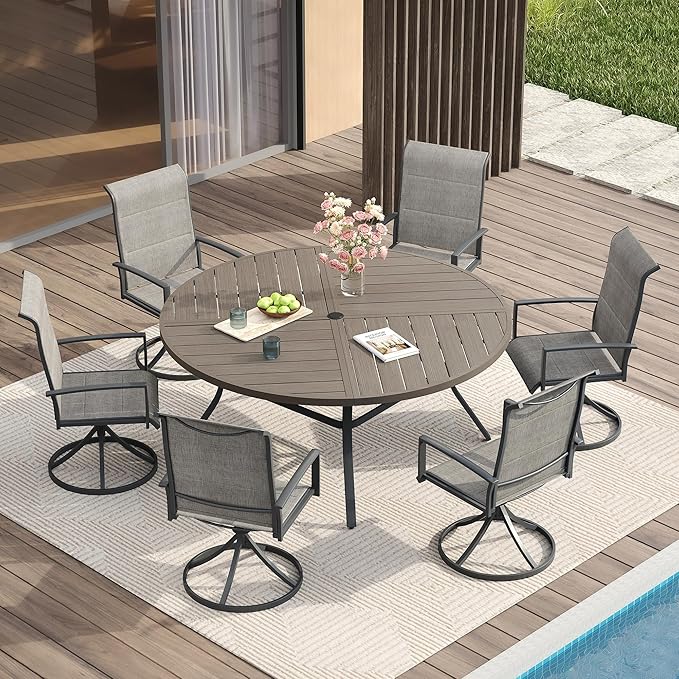 VICLLAX Patio Dining Set for 6, 6 Seats Outdoor Furniture Includes 53.1" Round Patio Table and Swivel Padded Chairs, Grey Wood Grain Tabletop and Grey Fabric