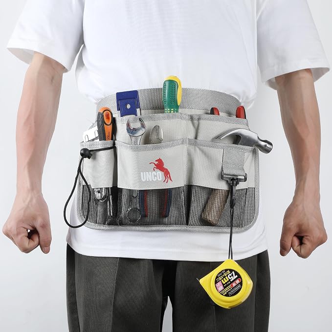 UNCO- Adjustable Gardening Belt, Light Gray, 7 Pockets, Wear Resistant, Cut Resistant, Water Resistant, Garden Tool Belt Pouch, Waist Apron with Pockets