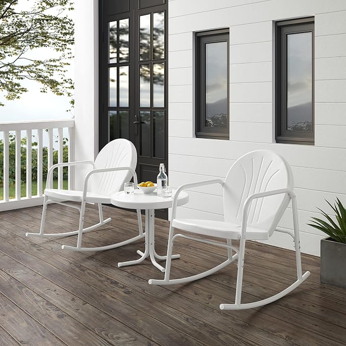 Crosley Furniture Griffith 3-Piece Outdoor Rocking Chair and Side Table Set, Retro Metal Bistro Patio Sets, White Gloss and White Satin