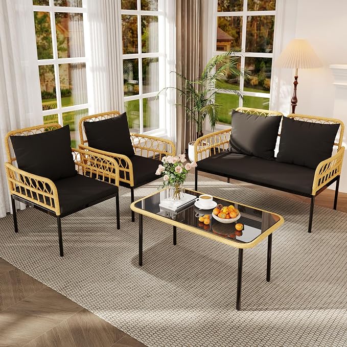 GarveeLife 4 Pieces Patio Furniture Sets Wicker Outdoor Patio Table and Chairs Set with Glass Side Table, Loveseat Chairs, Boho Rattan 4 Seater Conversation Sets for Backyard, Porch, Bistro, Black