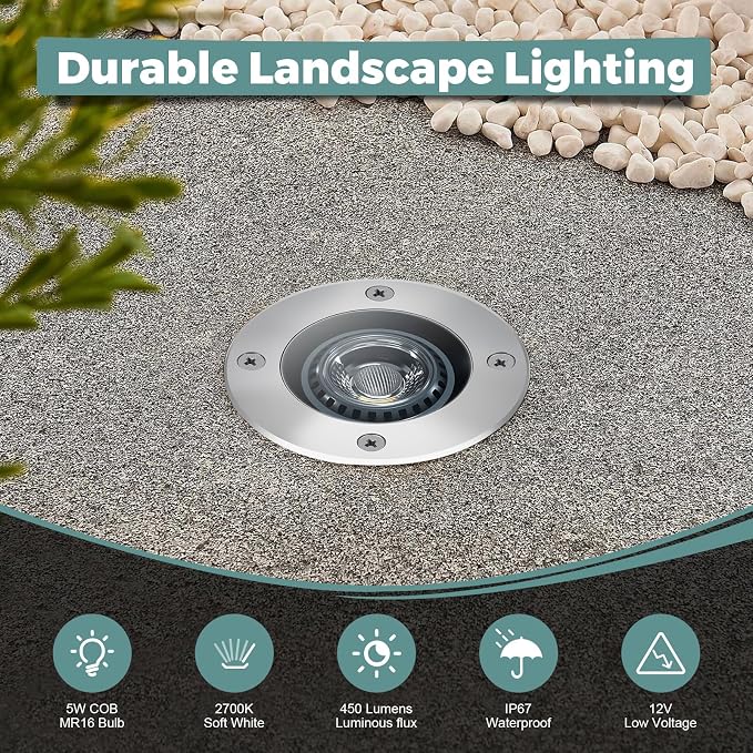 Low Voltage Landscape LED Well Lights, 12V in Ground Lights Outdoor IP67 Waterproof, 5" Tall Wired Landscape Up Lighting, Included Replaceable 5W 2700K MR16 Bulb Dimmable, 6 Pack