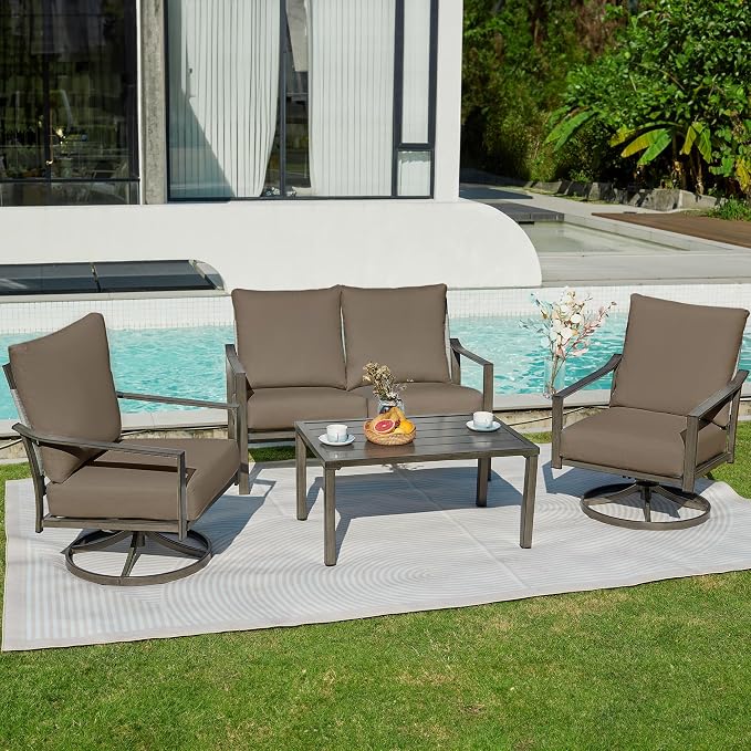 NATURAL EXPRESSIONS Patio Furniture Set,4 Piece Outdoor Conversation Metal Swivel Rocking Chairs Set with Hand-Woven Rope High Back,Sturdy Hand Brushed Wood Grain Finish Frame,6" Cushions for Yard