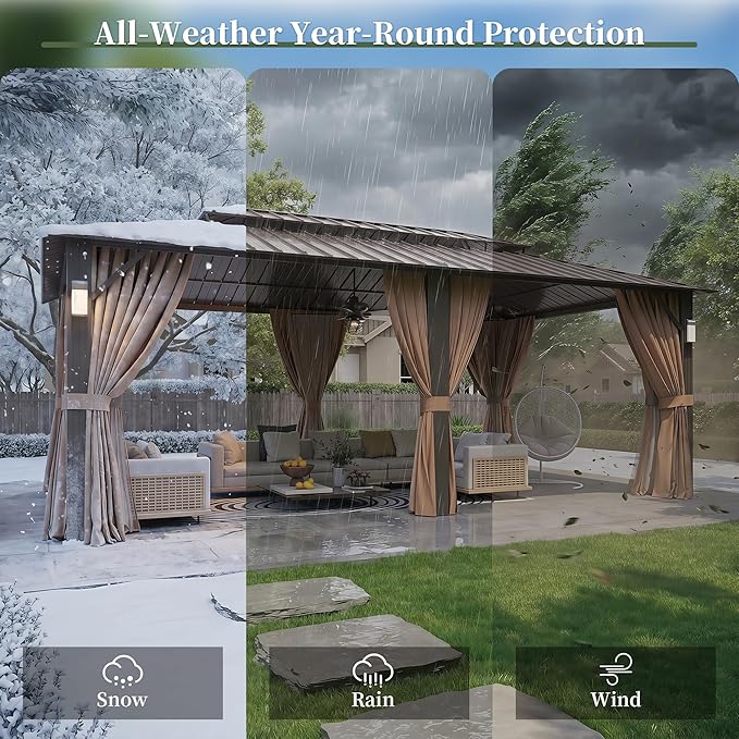 Aoxun 20'x12' Hardtop Gazebo with 4 LED Lights, Outdoor Gazebo with Galvanized Steel Double Roof, Patio Gazebo with Breathable Netting & Privacy Curtain, Decor Hooks for Backyard, Brown