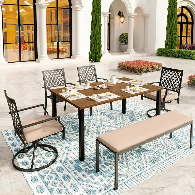 SUNSHINE VALLEY Patio Dining Set,60x38 Outdoor Table w/Swivel Chairs | 60x36 Outdoor Table and Chairs Set with Umbrella Hole, 2 Leg Chairs, 2 Swivel Chairs, 1 Metal Table and 1 Cushioned Bench