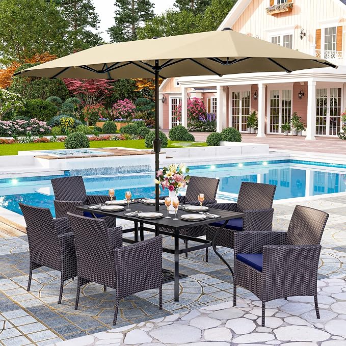 PHI VILLA 7pc Patio Dining Set w/Umbrella, Rectangular Table, Rattan Chairs | Outdoor Dining Set for 6, 60” Metal Table & 6 Cushioned Rattan Chairs with Beige Umbrella for Outdoor, Deck, Yard, Porch
