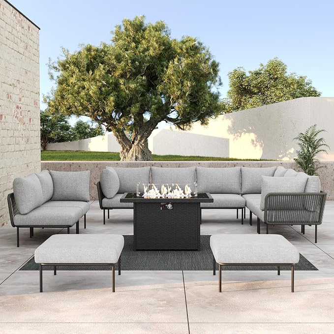 LayinSun 11 Pieces Aluminum Patio Furniture Set, Modern Modular Sectional Sofa with Fire Pit Table and Upgrade Thickness Cushion