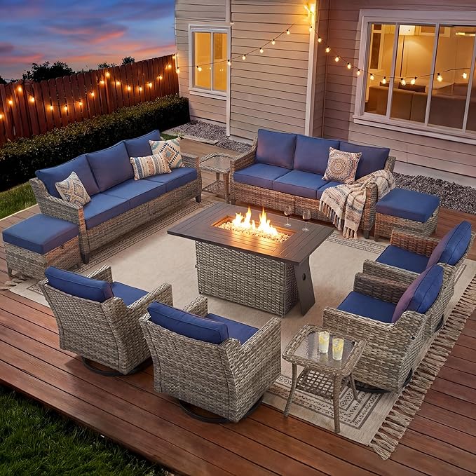11 Pieces Patio Furniture Set with 42.5" Fire Pit Table-All Weather Wicker Outdoor Furniture with High Back Wicker Patio Chairs Set of 4 Outdoor Couch for Deck Backyard Gray/Blue