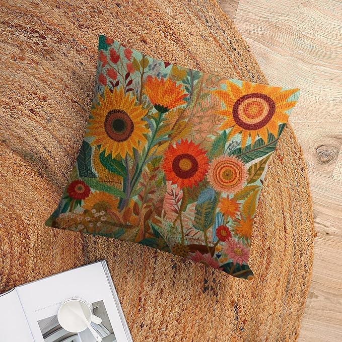Modern Pillow Cover Butterfly Sunflower Cushion Pillow Cover Colorful Painting of Sunflowers Poppies Cooling Pillow Case Decorative Couch Pillow Cover for Sofa 20"x20" Cutton Linen Cushion Cases