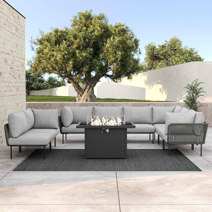 LayinSun 9 Pieces Aluminum Patio Furniture Set, Modern Modular Sectional Sofa with Fire Pit Table and Upgrade Thickness Cushion