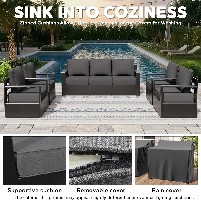 Aluminum Outdoor Conversation Furniture Set - All Weather Patio 79" Sofa with 4 Armchairs, 6" Water-Resistant Cushions & Furniture Covers & Metal Armrest for Deck Porch (Grey)