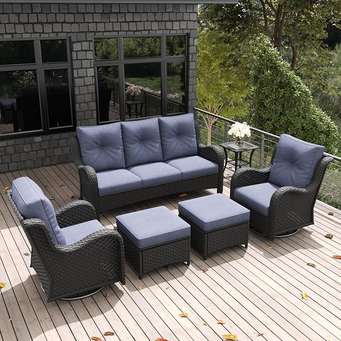 LayinSun 6 Pieces Outdoor Patio Furniture Set, Rattan Wicker Sectional Swivel Rocker Chairs Sets with Ottomans, Swivel Glider Chairs, and Coffee Table