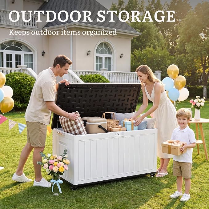 YITAHOME 90 Gallon Outdoor Storage Box with 6 Swivel Wheels & Dual Wooden Handles, Large Double-Wall Resin Deck Box, Lockable Waterproof Patio Organizer for Furniture, Cushions, White & Black