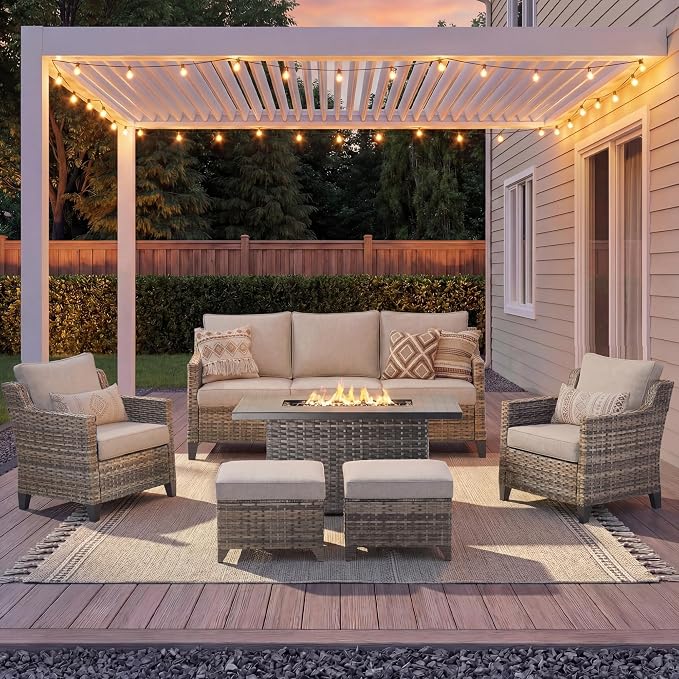 Patio Furniture Set with 42.5" Fire Pit Table-6 Pieces All Weather Wicker Outdoor Furniture with High Back Wicker Patio Chairs Set of 2 Outdoor Couch for Deck Backyard Beige/Gray
