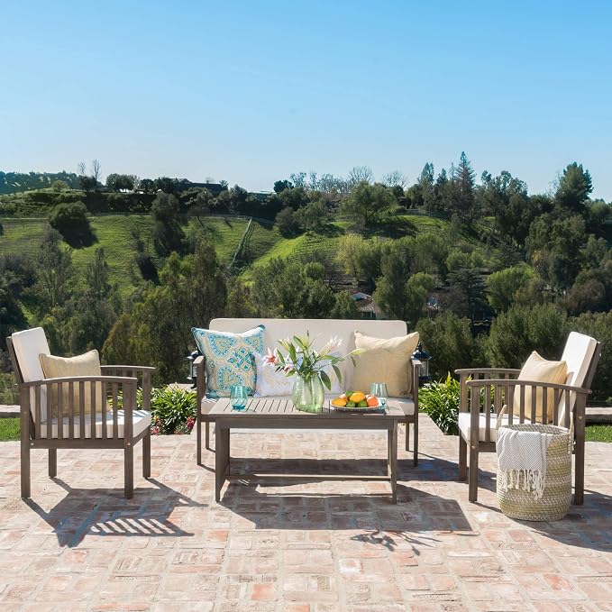 Christopher Knight Home 298932 Beckley Patio Furniture 4 Piece Acacia Wood Outdoor Chat Set, Grey