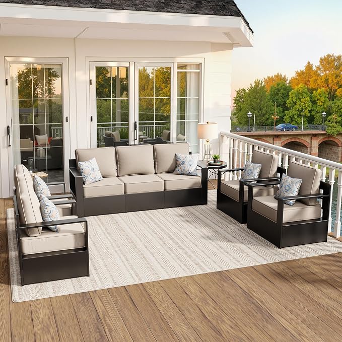 Aluminum Outdoor Conversation Furniture Set - All Weather Patio 79" Sofa with 4 Armchairs, 6" Water-Resistant Cushions & Furniture Covers & Metal Armrest for Deck Porch (Beige)