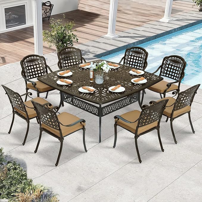 9 Piece Outdoor Patio Dining Set for 8, Cast Aluminium Large Square Dining Table & 8 Cushioned Stackable Chairs, Umbrella Hole, Patio Furniture Set for Garden Porch Poolside, Khaki