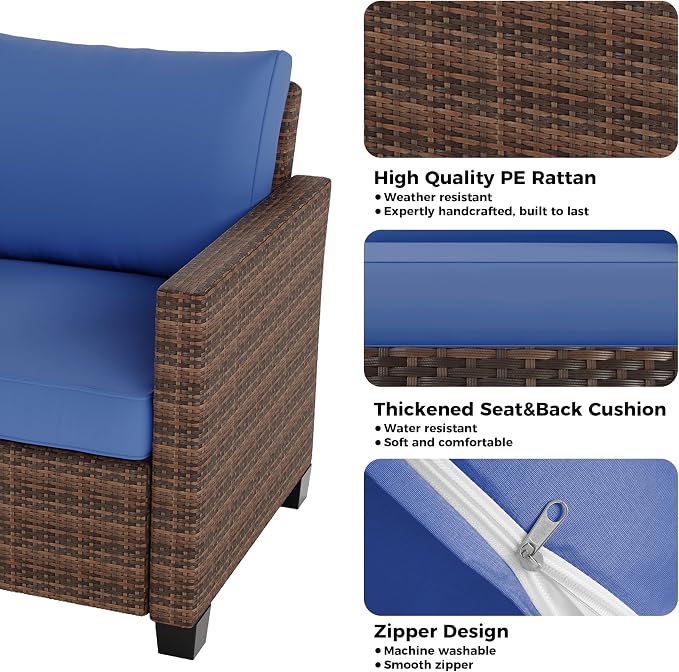 GarveeLife 5 Pieces Patio Furniture Set, 7-Seater Rattan Wicker Patio Conversation Sets with Coffee Table, Outdoor Sectional Patio Sofa Set, Brown Rattan and Blue Cushions