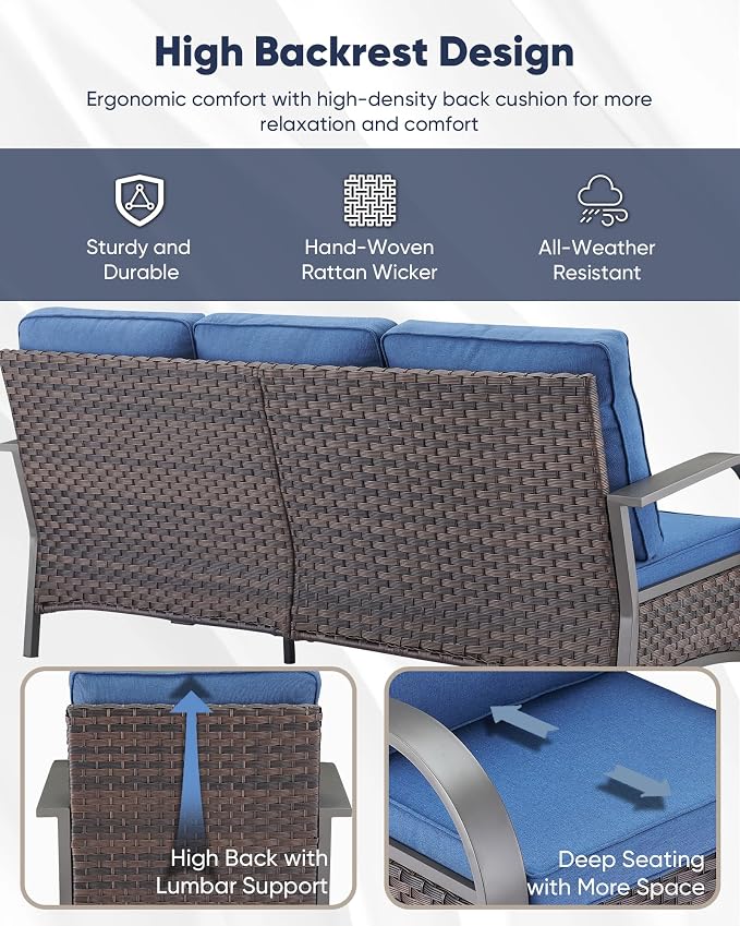 HUMMUH Patio Conversation Sets with Fire Pit-All Weather Wicker Outdoor Swivel Chair with Patio Couch Outdoor Patio Furniture for Deck Porch Garden Poolside Backyard-Brown/Blue